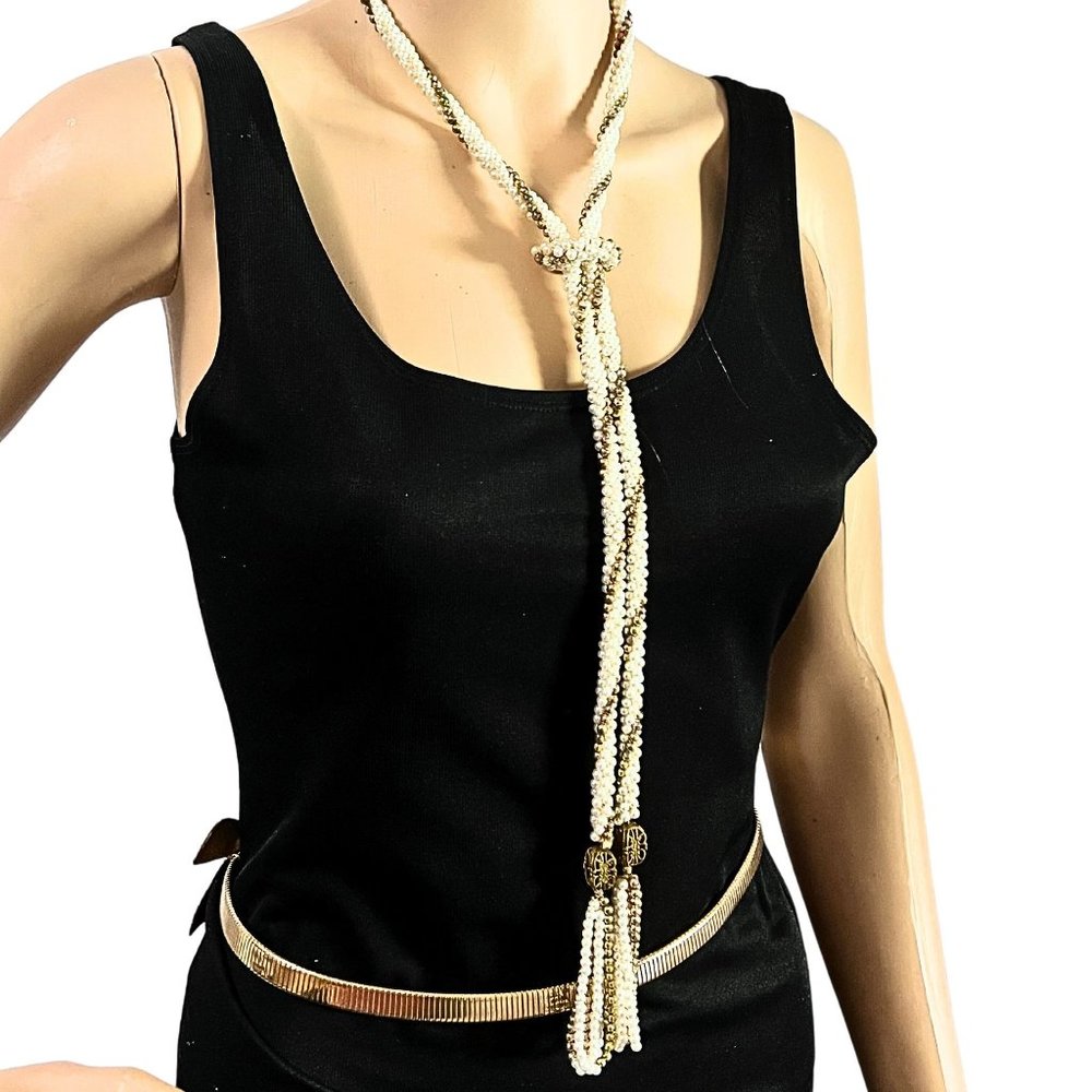 Vintage White Round woven imitation pearl beaded Bolo Style Adjustable Necklace